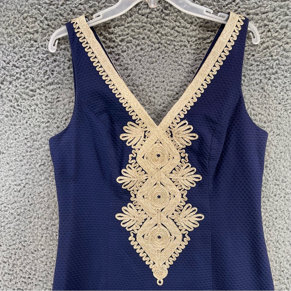Lilly Pulitzer Junie True Shift Dress Sz 8 Blue/Gold V-Neck Nautical Resortwear - Picture 5 of 15